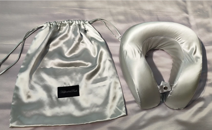 DreamSilk custom silver silk neck pillow and storage bag