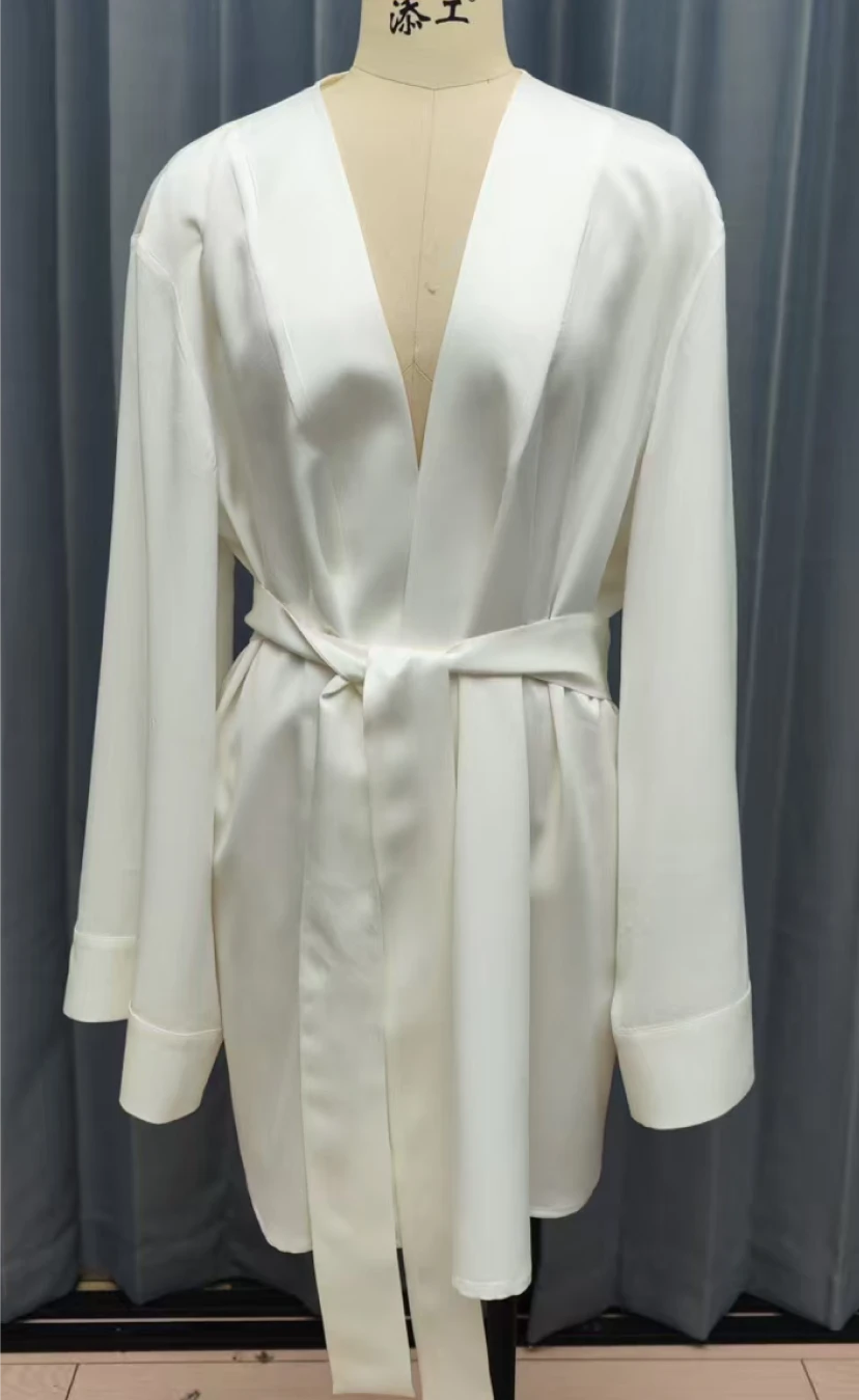 Full view of white silk robe set with matching inner wear