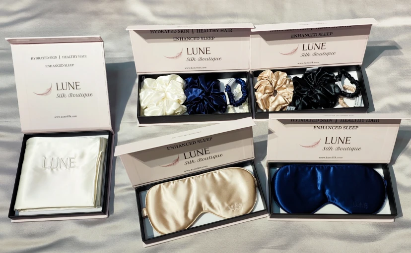 Custom LUNE silk pillowcase and eye mask sets with branded packaging