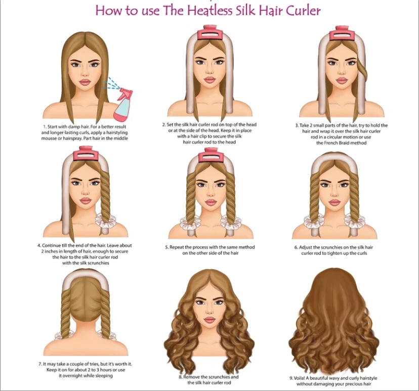 DreamSilk heatless silk hair curler set with user instruction manual