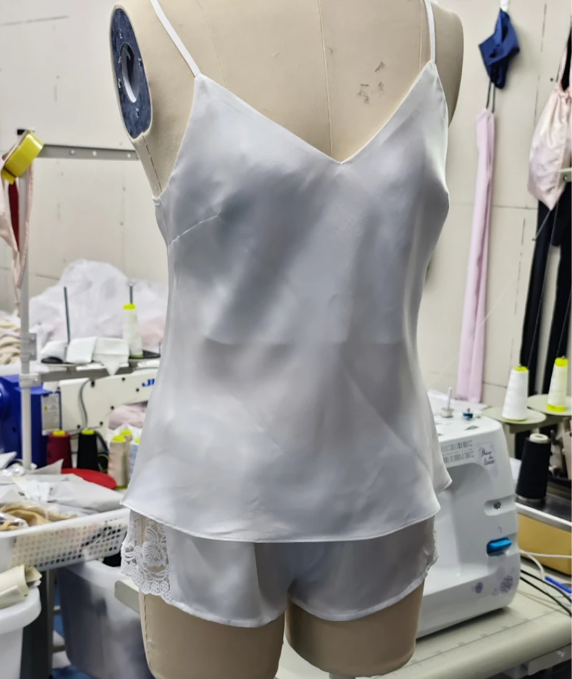 White silk camisole and shorts set with delicate straps