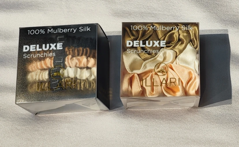 Custom printed PVC boxes with gold foil for 100% mulberry silk scrunchies