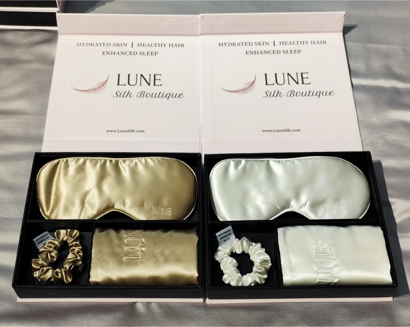 LUNE silk eye mask, scrunchie, and pillowcase sets with custom embroidery and branded tags