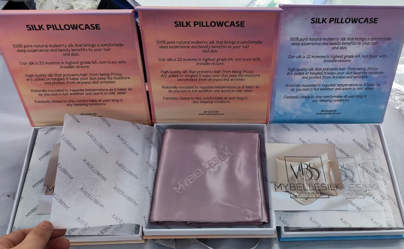 MYBELLESILK silk pillowcase set with custom embroidery, branded packaging, and thank-you cards