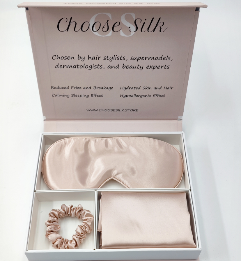 DreamSilk silk eye mask and scrunchie set in premium packaging